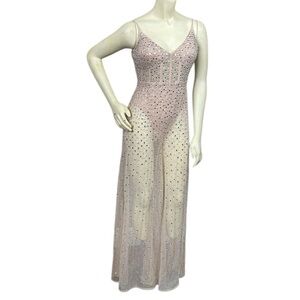 NWT Mac Duggal Sheer Nude Beaded Corset Bodysuit Jumpsuit Wide Leg Sample Sz 2